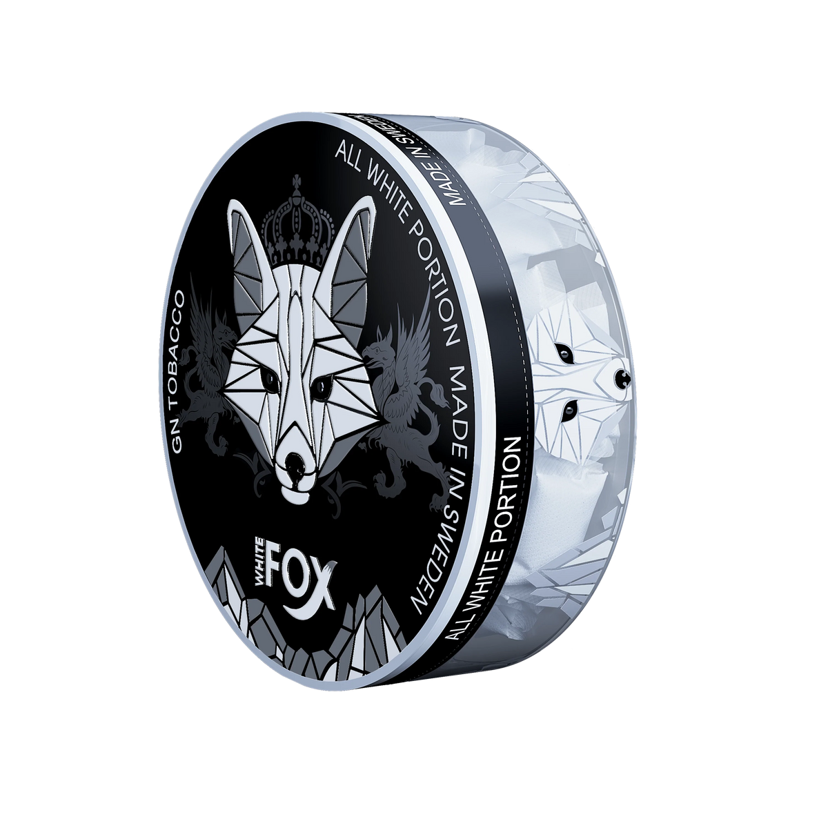 White Fox Black Nicotine Pouches tin with geometric fox logo on black lid, featuring white all-white portions inside.