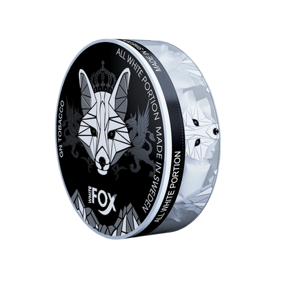 White Fox Black Nicotine Pouches tin with geometric fox logo on black lid, featuring white all-white portions inside.