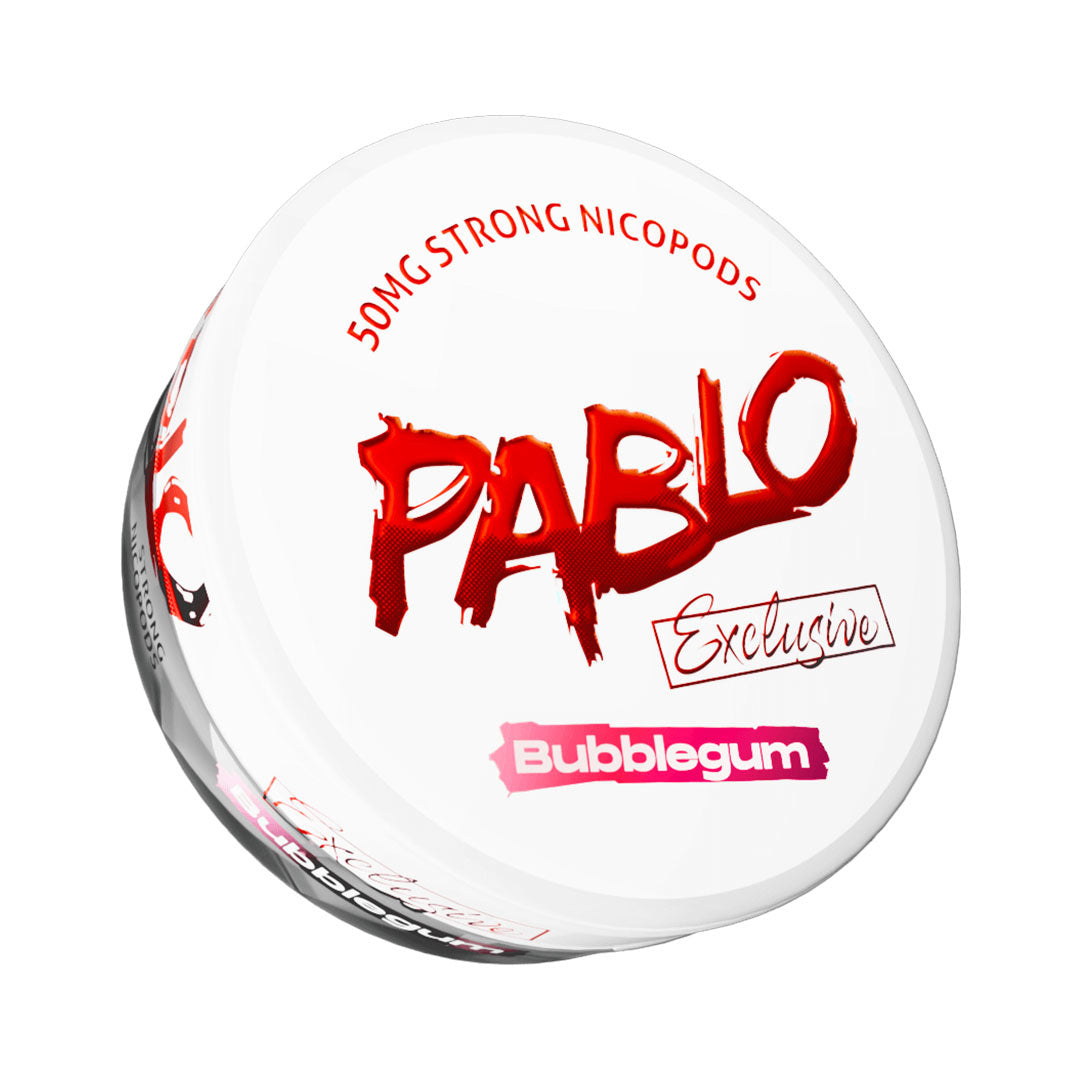 PABLO Exclusive Bubblegum nicotine pouches in a white tin with red 50mg strong nicopods branding on white background.