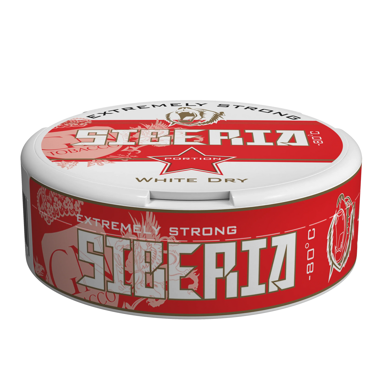 SIBERIA Red White Dry Portion 43mg/g tobacco chew bags, red and white can design