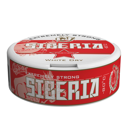 SIBERIA Red White Dry Portion 43mg/g tobacco chew bags, red and white can design