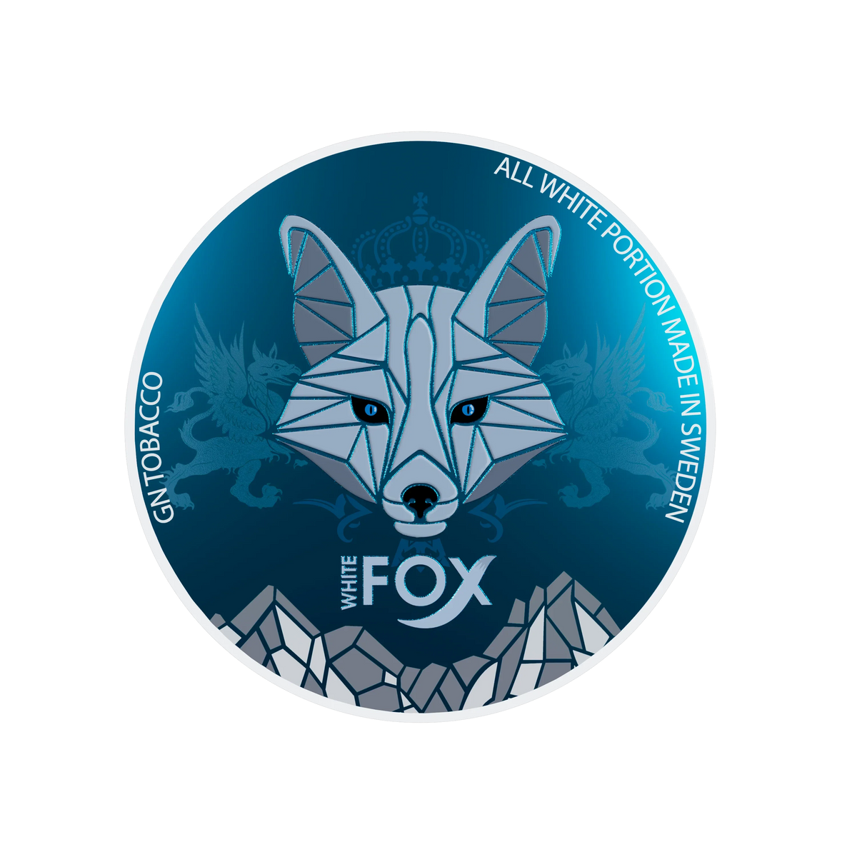 White Fox Slim All White Nicotine Pouches lid featuring a geometric fox logo and mountain design on a blue background.