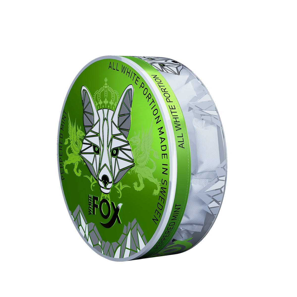White Fox Peppered Mint slim nicotine pouches in a green tin with transparent sides showing white tobacco-free portions.