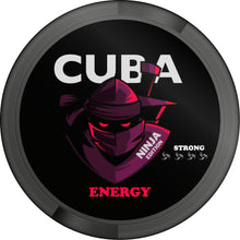 CUBA NINJA Energy Nicotine Pouches can featuring a purple ninja mascot, Strong strength level, and black lid design.