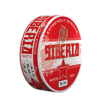 SIBERIA Slim Red White Dry tobacco chew bags in a red and white round can with a bear logo