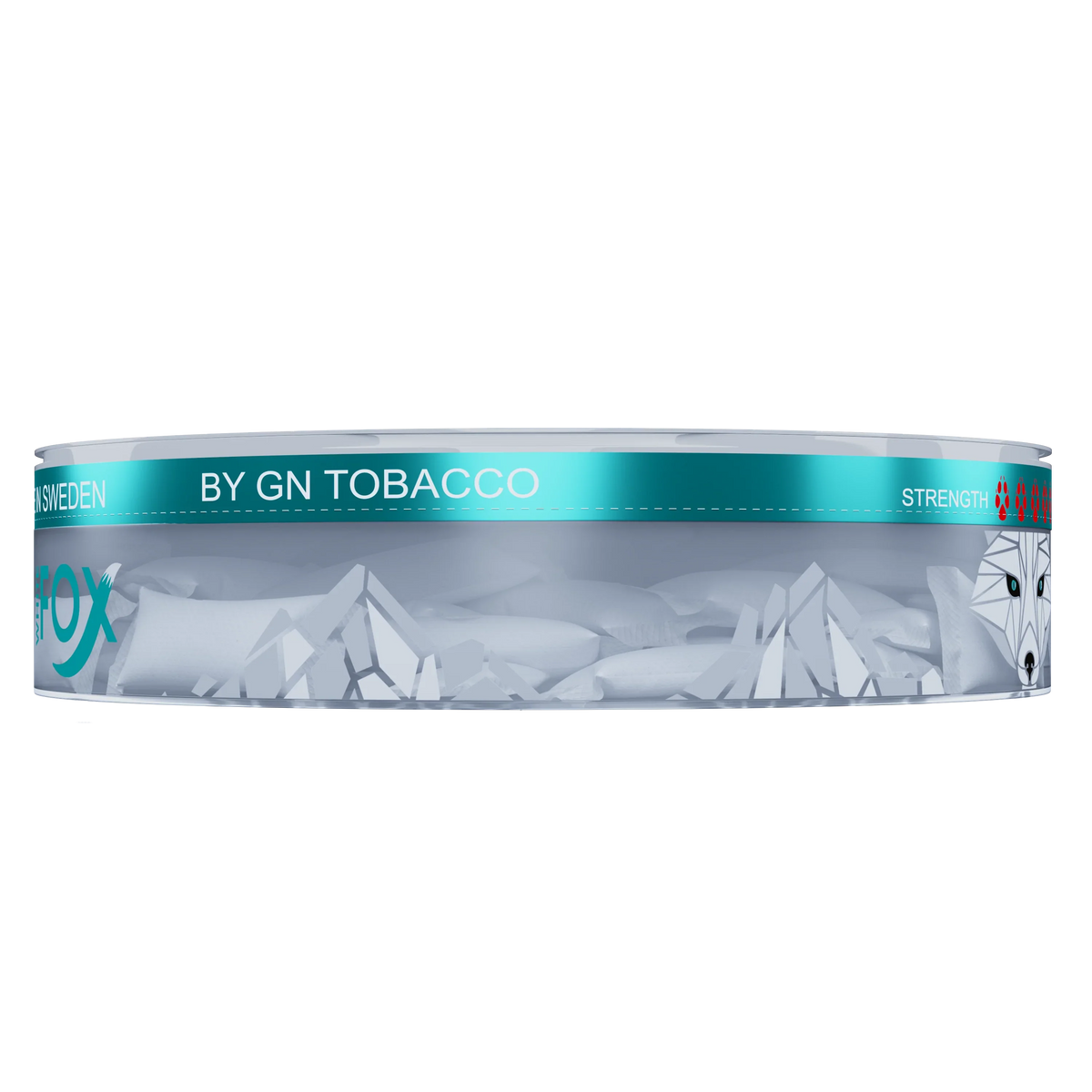 White Fox Double Mint Slim Nicotine Pouches in a transparent can, 12mg tobacco-free pouches visible through the side.