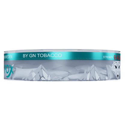 White Fox Double Mint Slim Nicotine Pouches in a transparent can, 12mg tobacco-free pouches visible through the side.