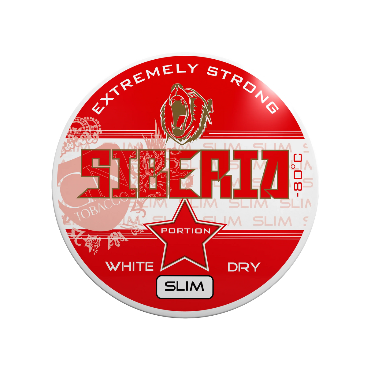 SIBERIA Slim Red White Dry Portion 28MG tobacco chew bags can, mint and spearmint