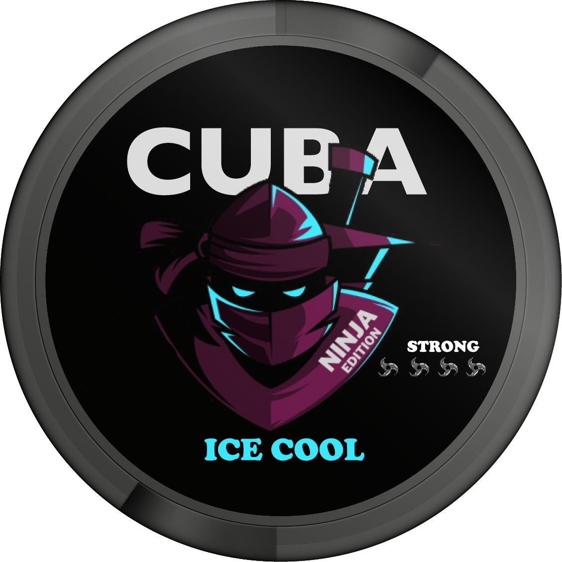 CUBA NINJA Ice Cool Strong Nicotine Pouches can featuring a purple ninja character on a black background.