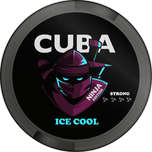 CUBA NINJA Ice Cool Strong Nicotine Pouches can featuring a purple ninja character on a black background.