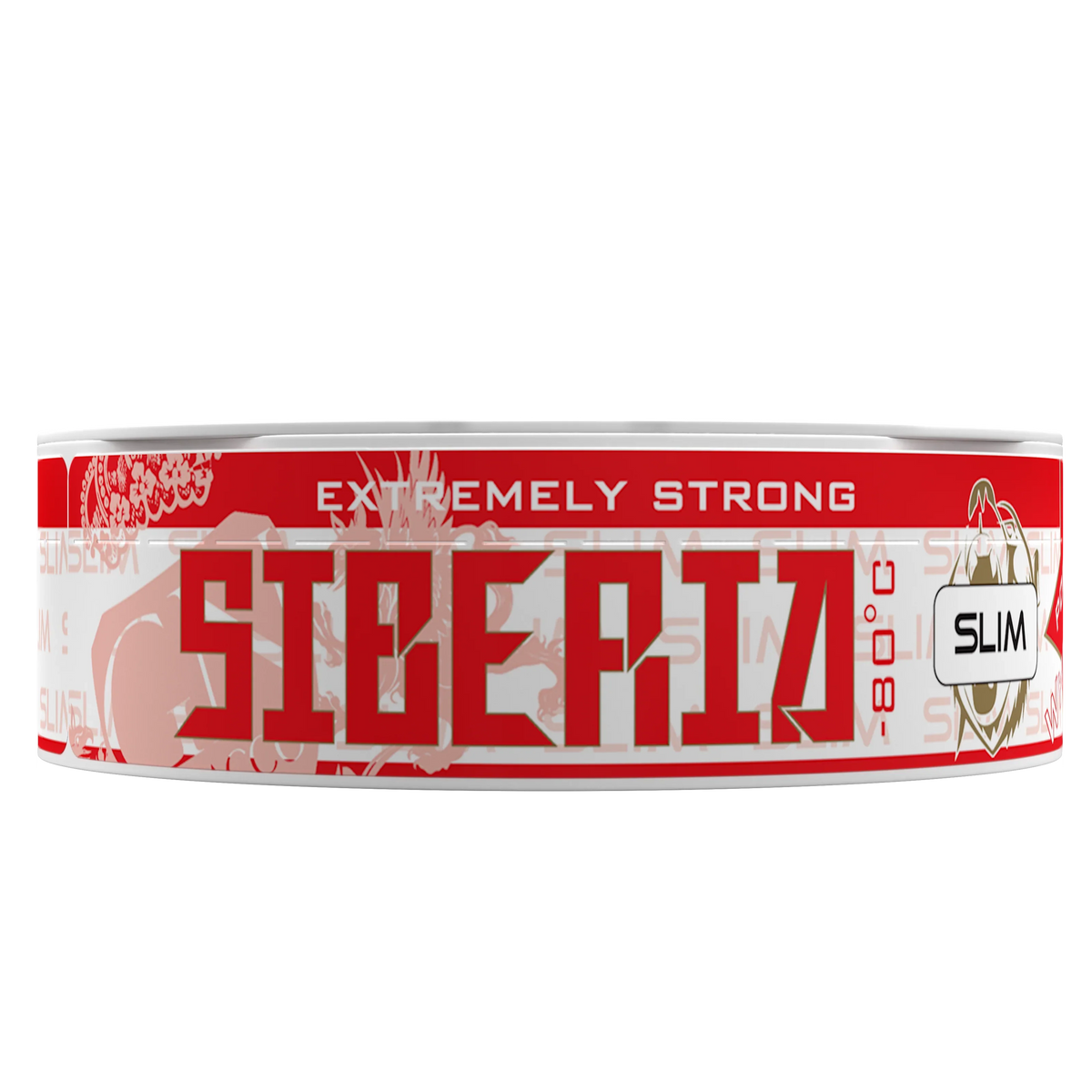 SIBERIA Slim Red White Dry chew bags can, side view on a black background