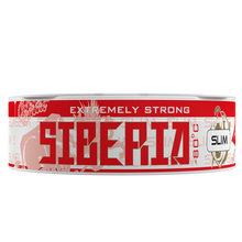 SIBERIA Slim Red White Dry chew bags can, side view on a black background