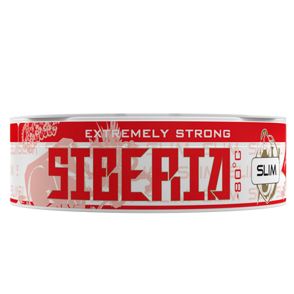 SIBERIA Slim Red White Dry chew bags can, side view on a black background