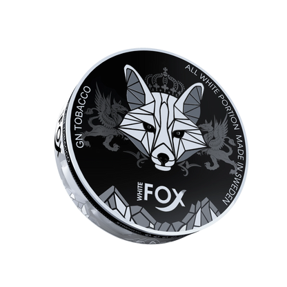 White Fox Black All White Nicotine Pouches tin with geometric fox logo and bold mint flavor branding.