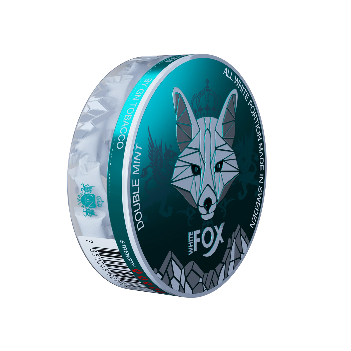 White Fox Double Mint Slim Nicotine Pouches can showing the fox logo and tobacco-free all-white portions.