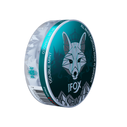 White Fox Double Mint Slim Nicotine Pouches can showing the fox logo and tobacco-free all-white portions.