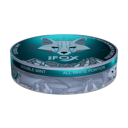 White Fox Double Mint slim nicotine pouches in a 12mg teal and silver can, showing tobacco-free all-white portions.