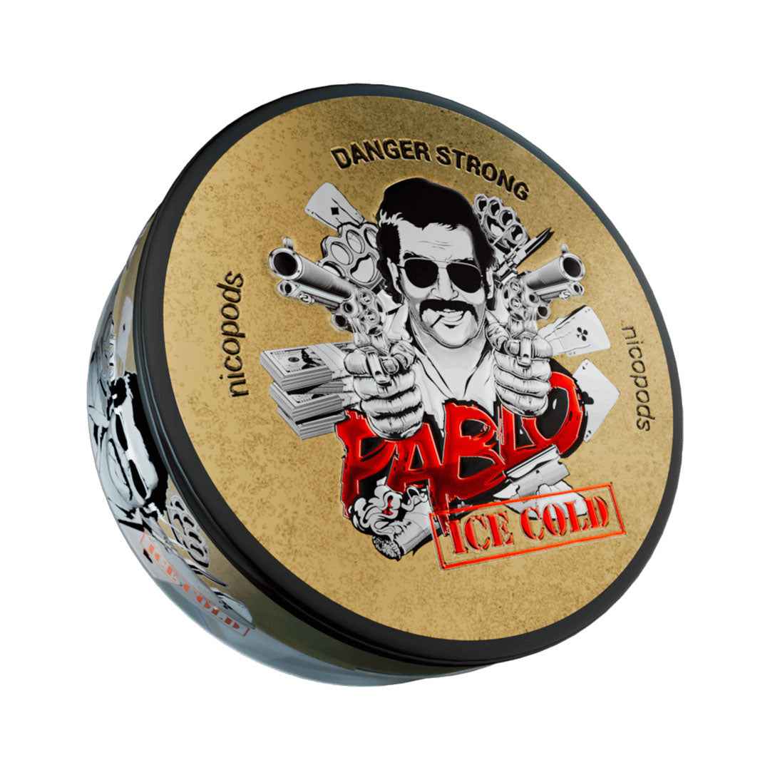 Pablo Ice Cold Danger Strong Nicotine Pouches can featuring mint flavour artwork and nicopods branding.