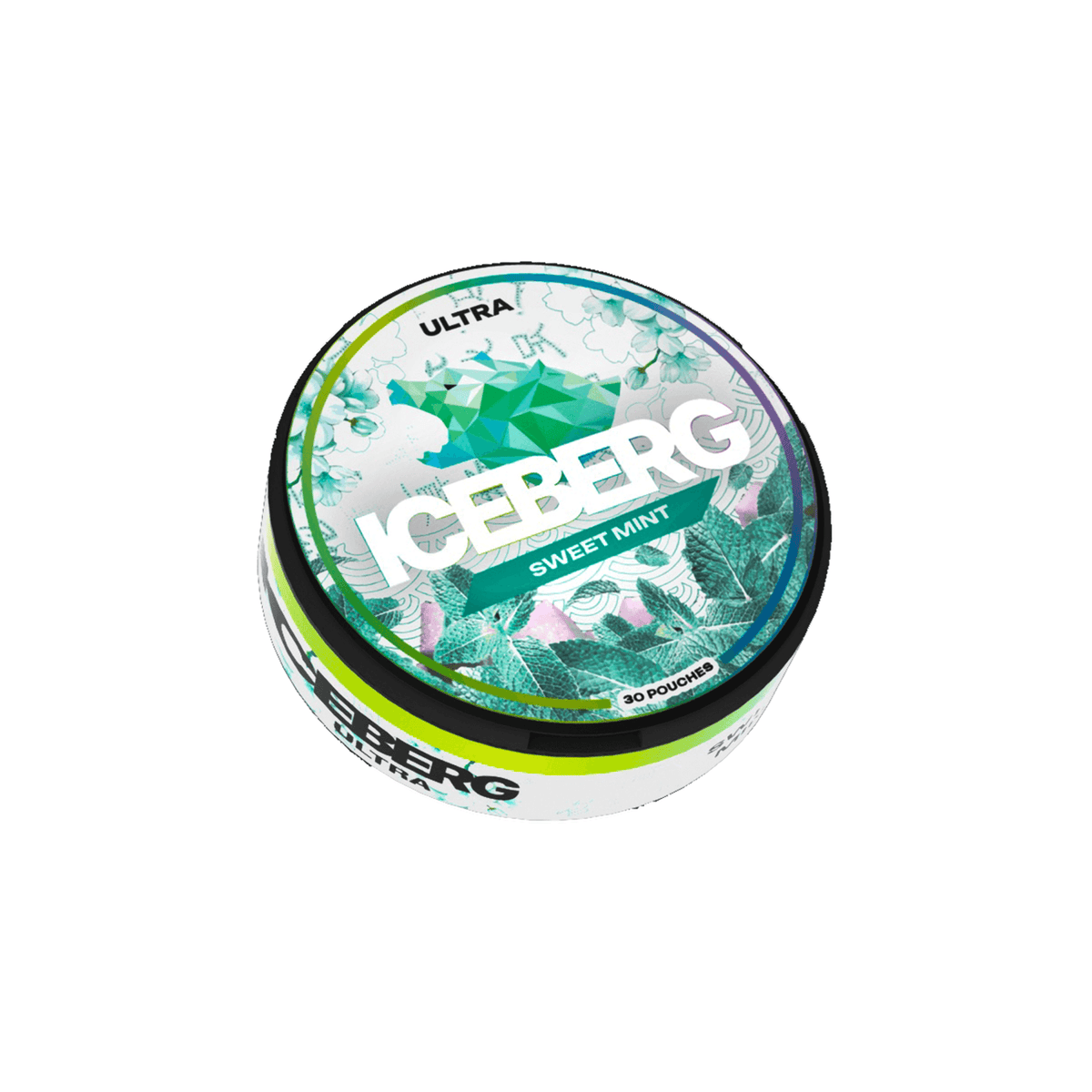 Iceberg Sweet Mint Ultra nicotine pouches can showing geometric bear logo, mint leaves, and 30 pouches count label.
