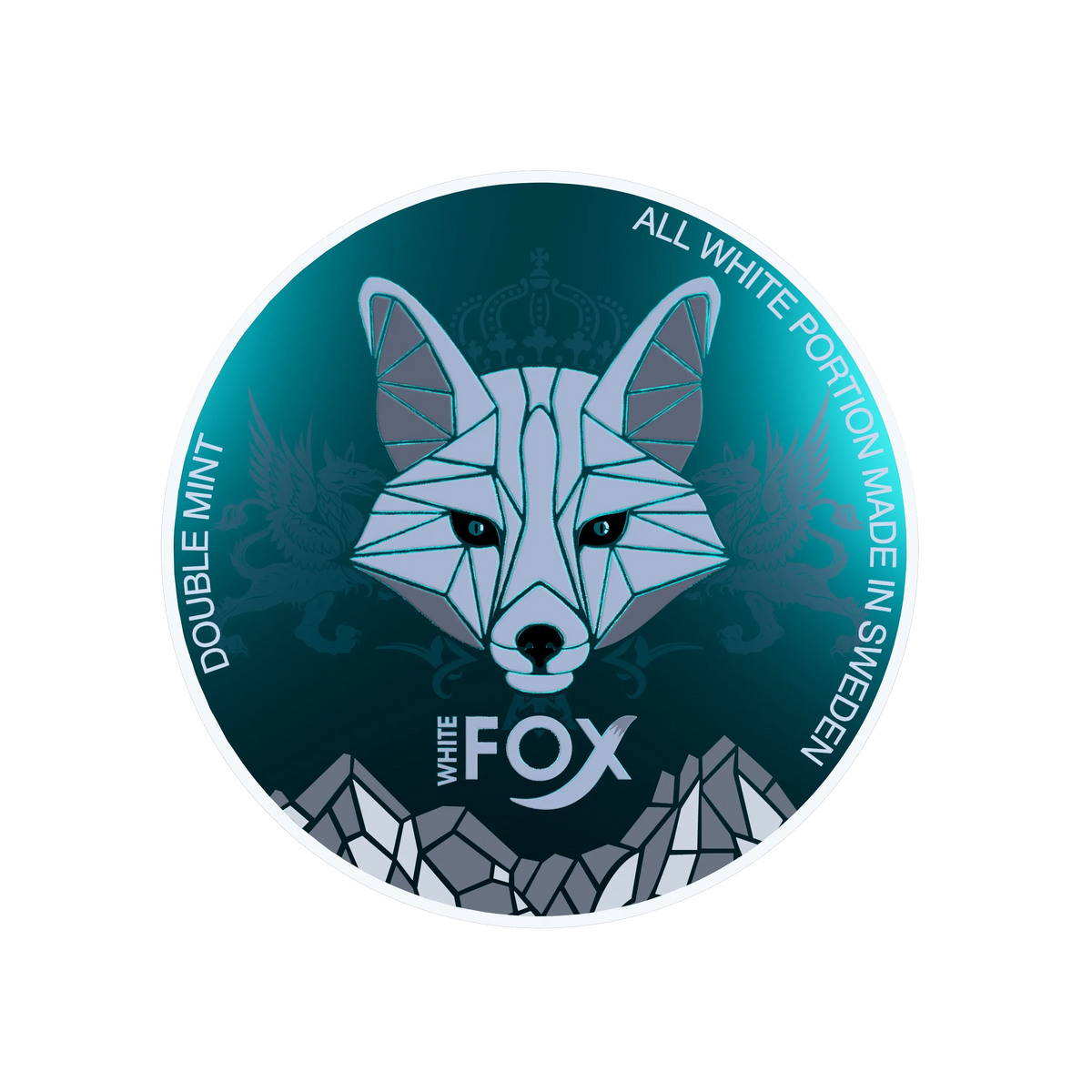 White Fox Double Mint Nicotine Pouches can lid with geometric fox logo on a teal and black background.
