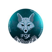 White Fox Double Mint Nicotine Pouches can lid with geometric fox logo on a teal and black background.