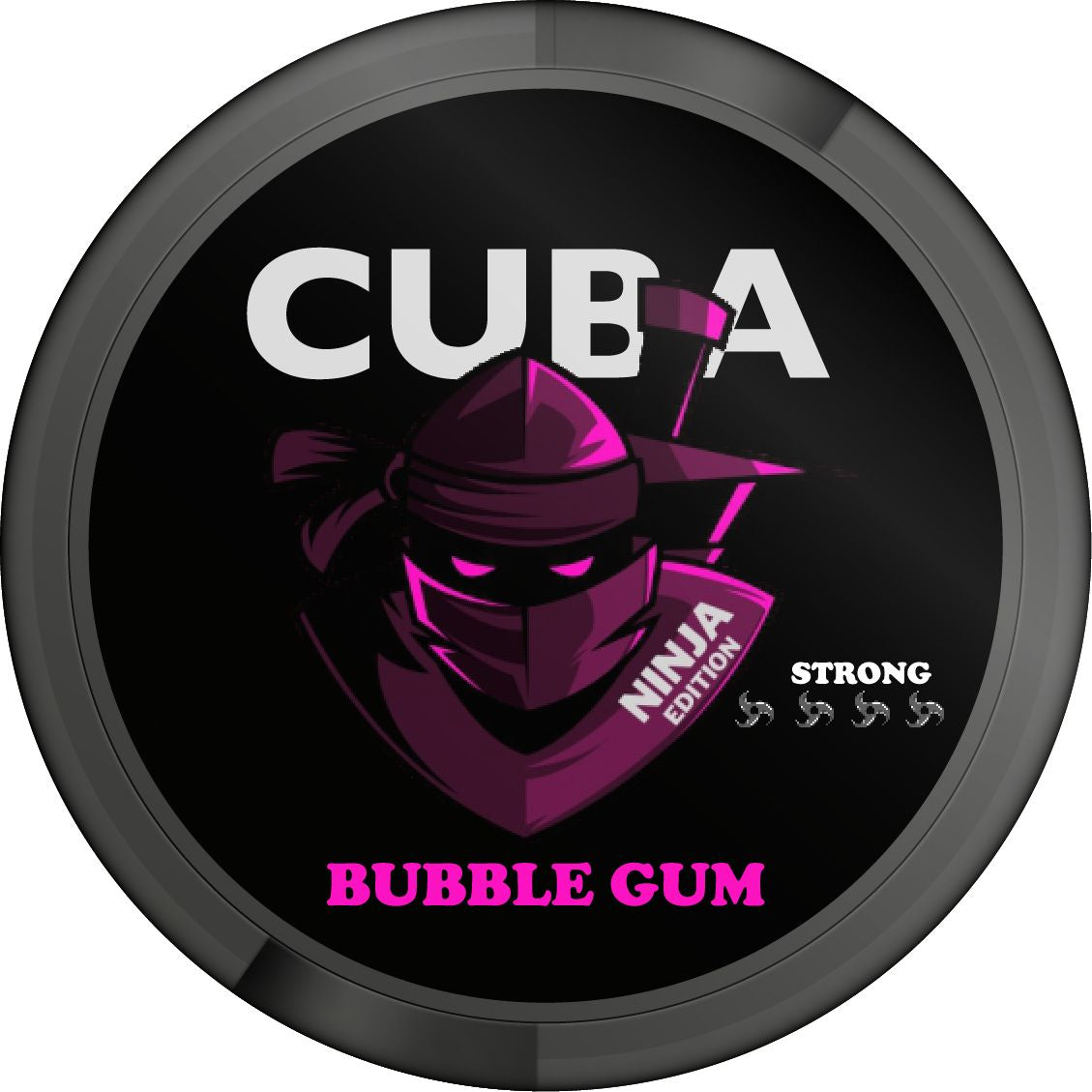 CUBA Ninja Bubblegum Strong Nicotine Pouches with purple ninja mascot on a black circular tin.