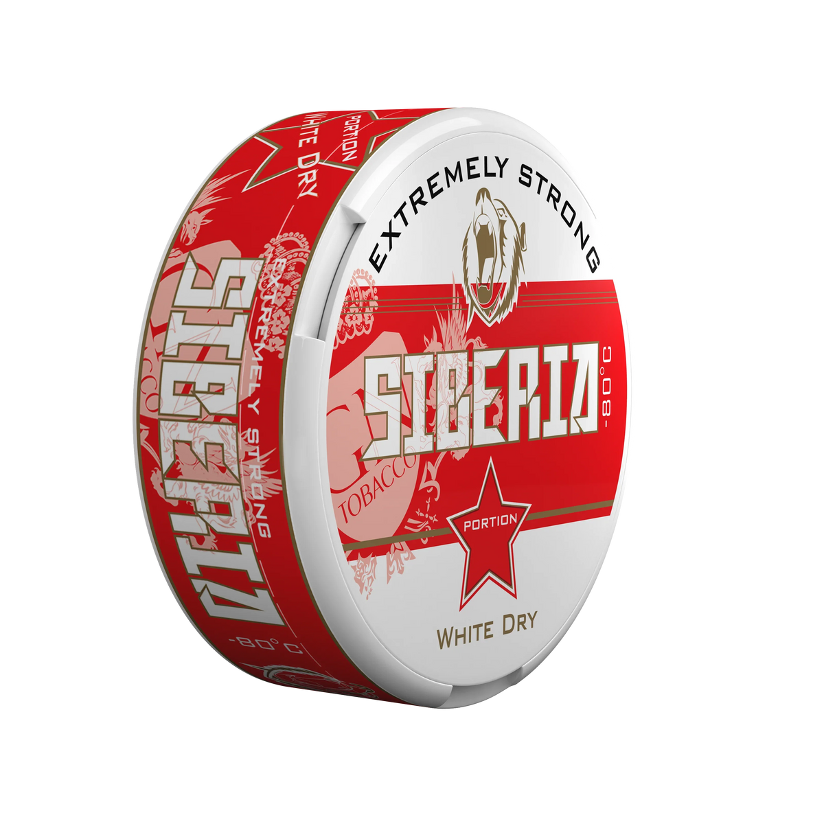 SIBERIA Red White Dry Portion chew bags can with red and white branding
