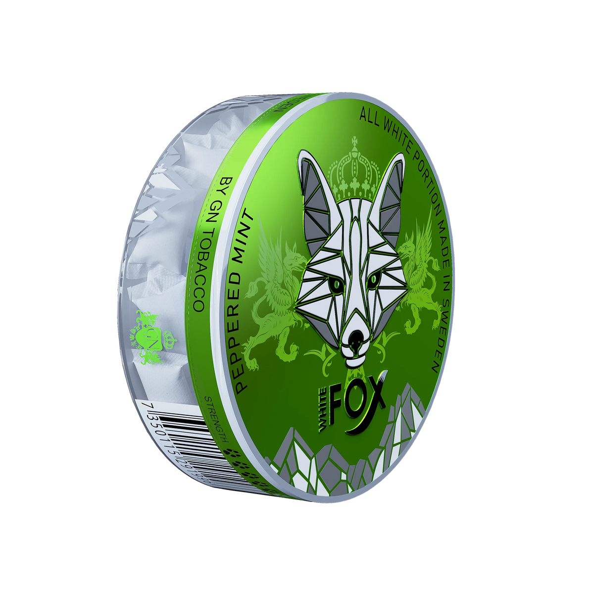 White Fox Peppered Mint nicotine pouches in a green and silver tin, featuring a white fox head logo and slim white portions.