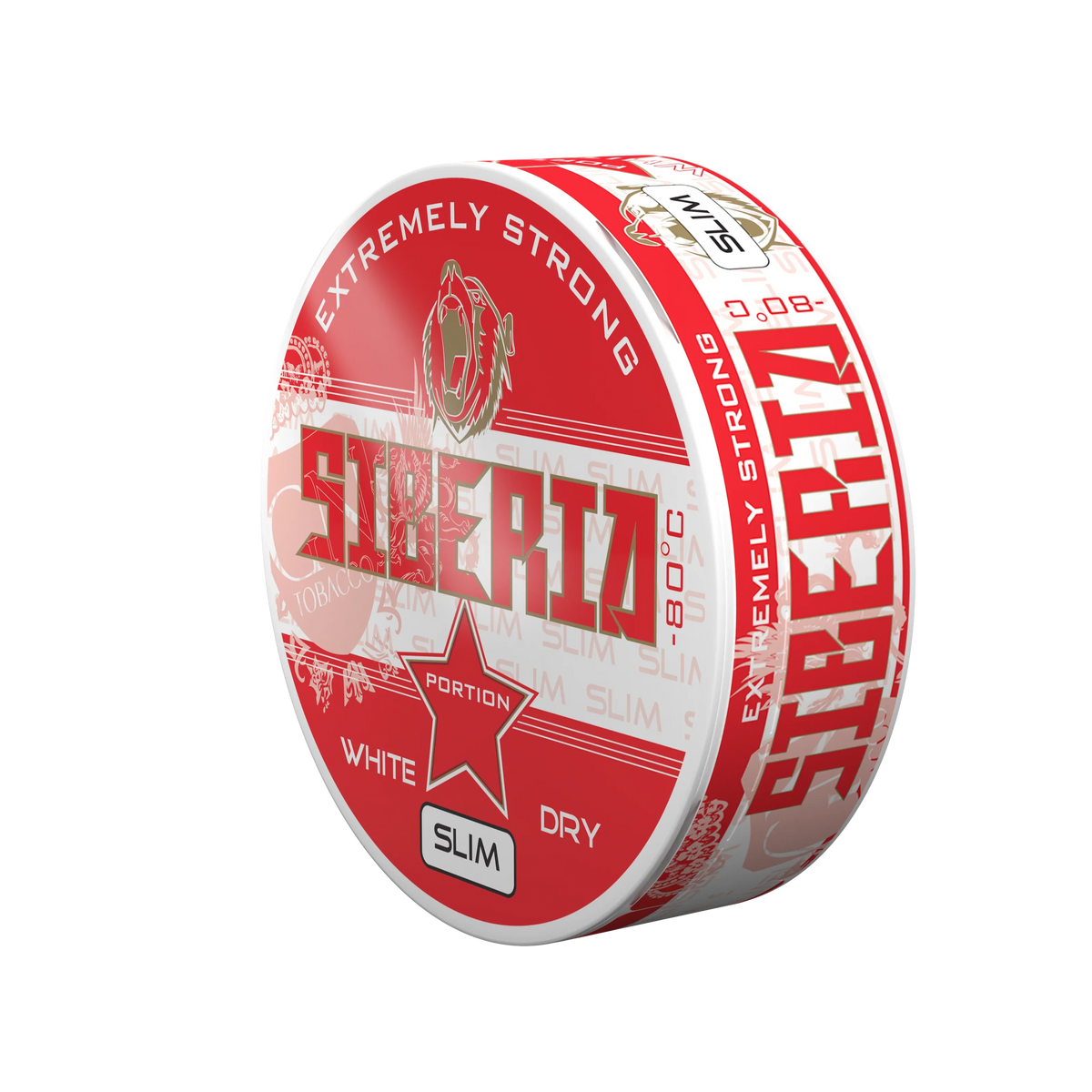 SIBERIA Slim Red White Dry Portion chew bags can with Extremely Strong branding on a black background
