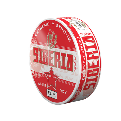 SIBERIA Slim Red White Dry Portion chew bags can with Extremely Strong branding on a black background