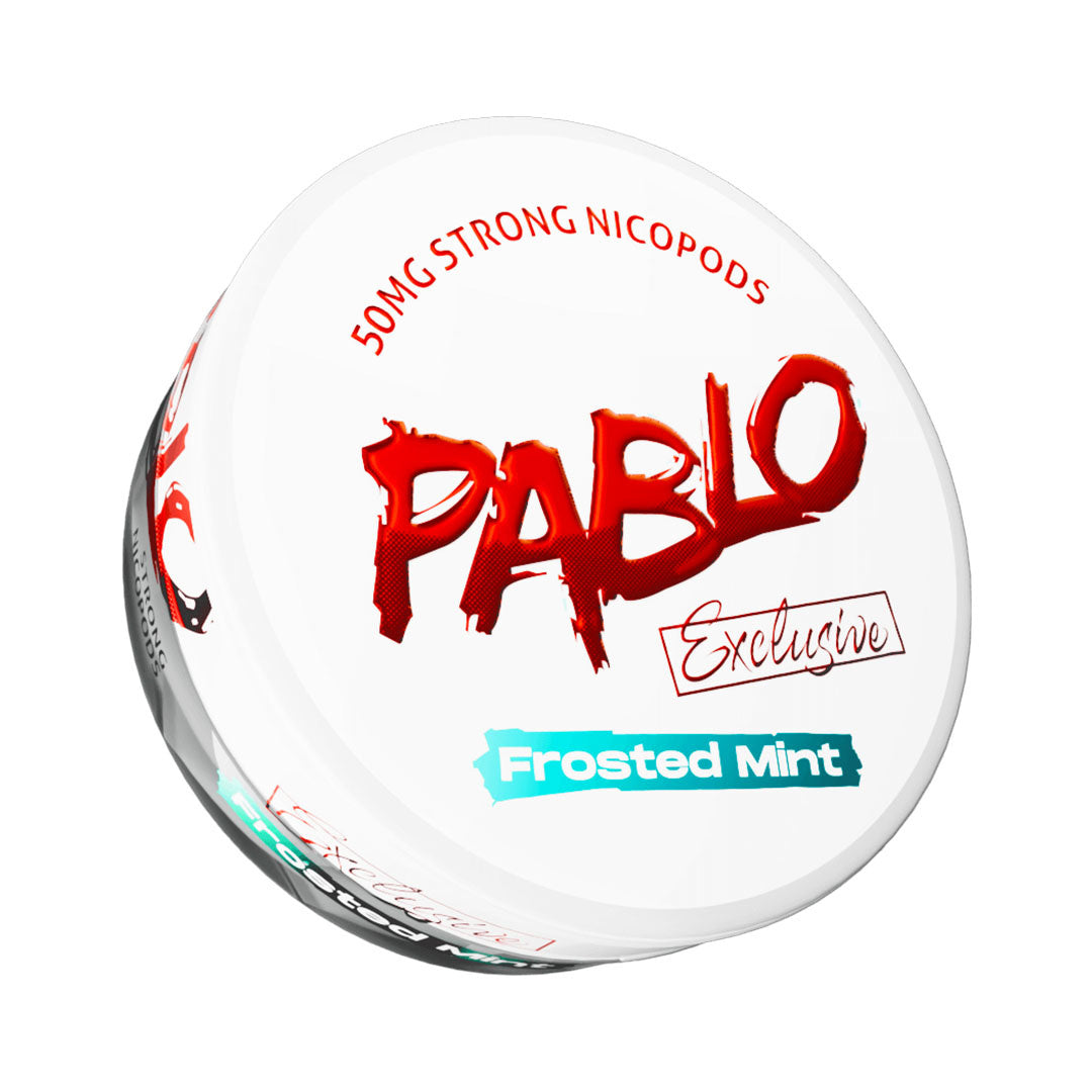 PABLO Exclusive Frosted Mint Nicotine Pouches, extra strong 50mg nicopods on a white background.