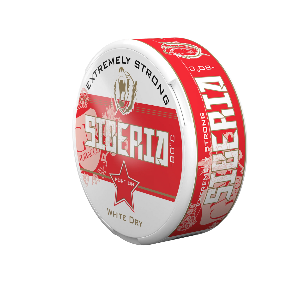 SIBERIA Red White Dry chew bags can with red and white branding on a black background
