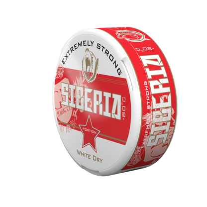 SIBERIA Red White Dry chew bags can with red and white branding on a black background