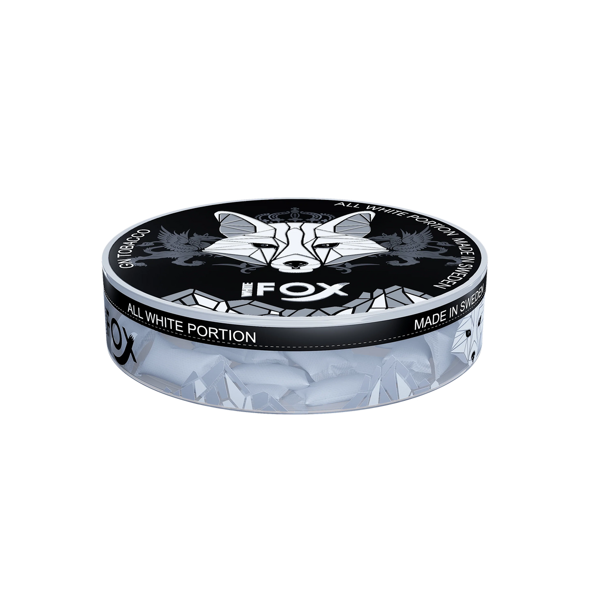 White Fox Black All White Nicotine Pouches tin with bold fox logo, showing white pouches through transparent sides.