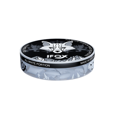 White Fox Black All White Nicotine Pouches tin with bold fox logo, showing white pouches through transparent sides.