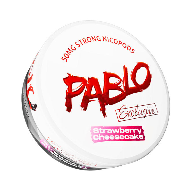 PABLO Exclusive Strawberry Cheesecake Nicotine Pouches, 50mg Strong Nicopods tin on white background.