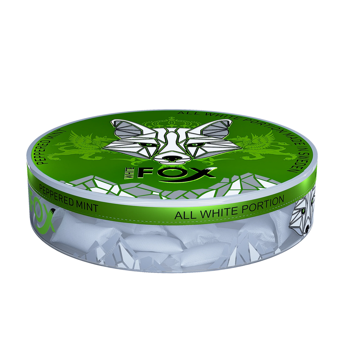White Fox Peppered Mint All White Nicotine Pouches in a green tin, showing slim white pouches through a clear container.