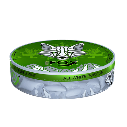 White Fox Peppered Mint All White Nicotine Pouches in a green tin, showing slim white pouches through a clear container.