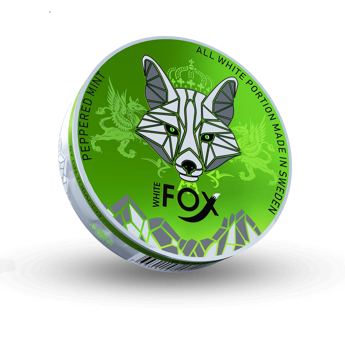 White Fox Peppered Mint Slim Nicotine Pouches can with green lid and geometric fox logo design.