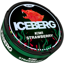Iceberg Ultra Kiwi Strawberry Nicotine Pouches, side view of black and green tin with red bear logo.