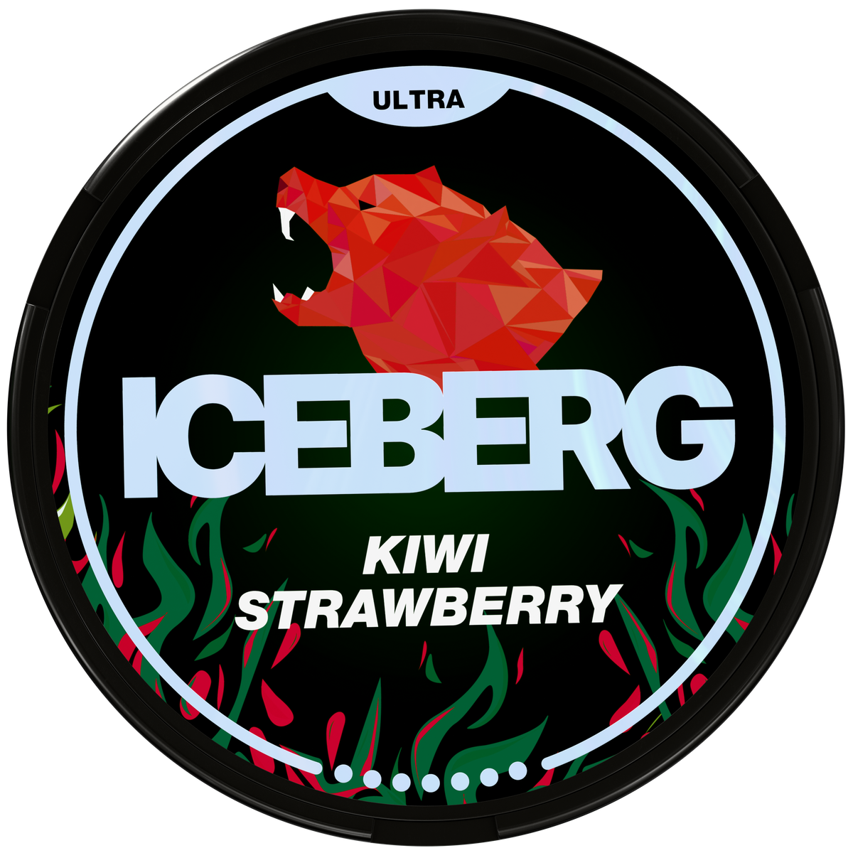 Iceberg Kiwi Strawberry nicotine pouches container with red bear logo and flame design, ultra strength tobacco free nicotine pouches.