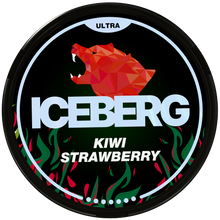 Iceberg Kiwi Strawberry nicotine pouches container with red bear logo and flame design, ultra strength tobacco free nicotine pouches.