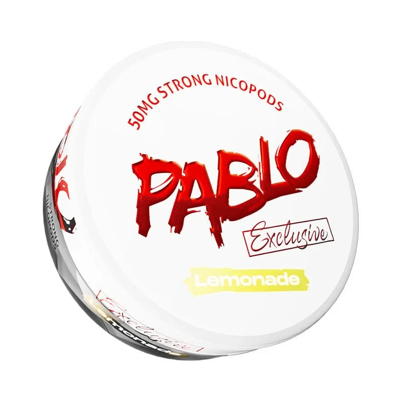 Pablo Exclusive Lemonade 50mg Strong Nicopods. White can with red branding and yellow lemonade label nicotine pouches.