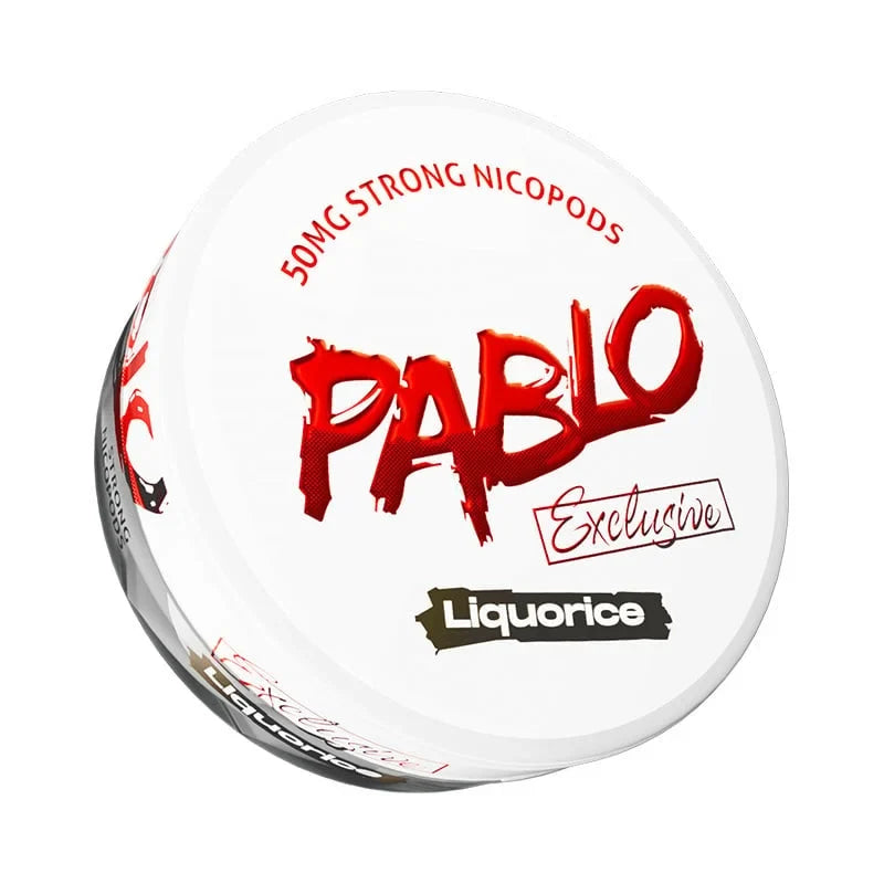 Pablo Exclusive Liquorice 50mg Strong Nicotine Pouches can with red and white branding.
