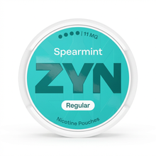 White ZYN Spearmint 11 MG nicotine pouch tin with a teal lid, showing 'Spearmint', '11 MG', and 'Regular' text.