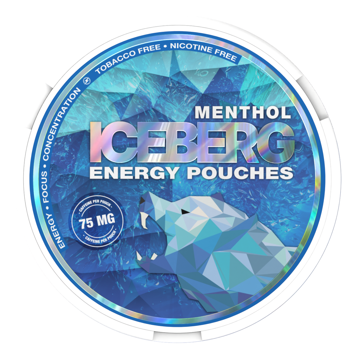 Iceberg Energy Menthol 75mg Caffeine Pouches: tobacco and nicotine free can featuring a geometric polar bear design.