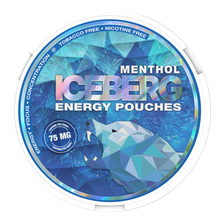 Iceberg Energy Menthol 75mg Caffeine Pouches: tobacco and nicotine free can featuring a geometric polar bear design.