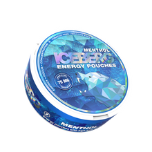 Iceberg Energy Menthol 75mg caffeine pouches can featuring a geometric polar bear and blue holographic label.