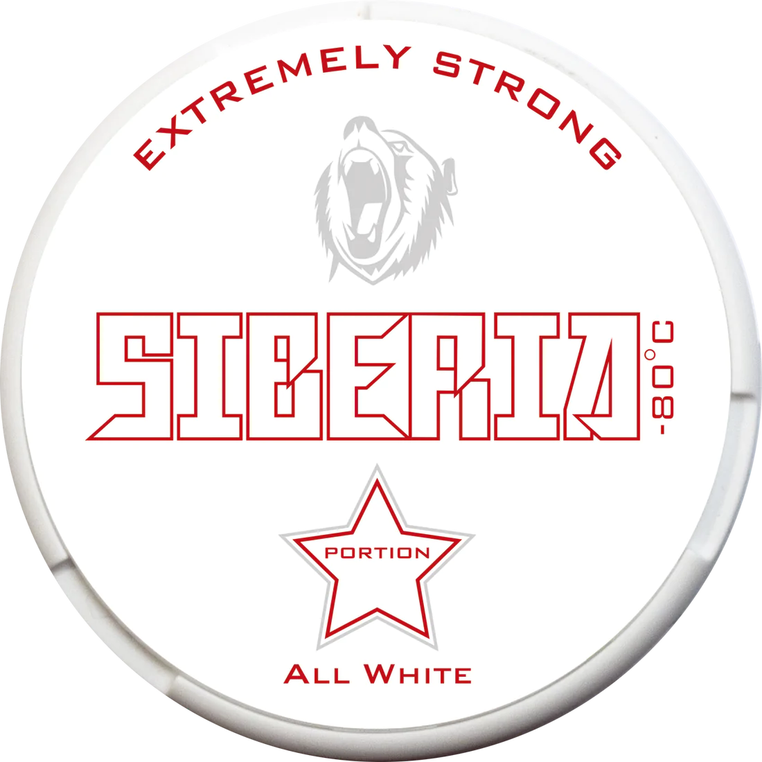 SIBERIA Original All White 33MG nicotine pouches can with Extremely Strong branding, bear logo and red star icon