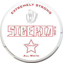 SIBERIA Original All White 33MG nicotine pouches can with Extremely Strong branding, bear logo and red star icon